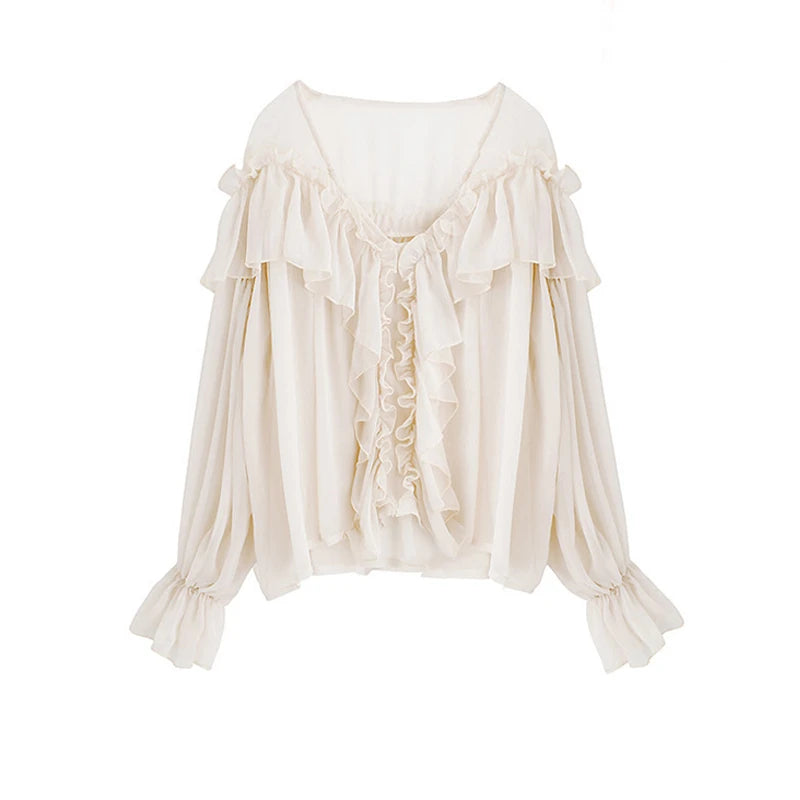 Blusa feminina sexy com decote em V, transparente, estilo boho, de malha, com babados, manga larga, elegante, peplum, com babados, blusa feminina 13459