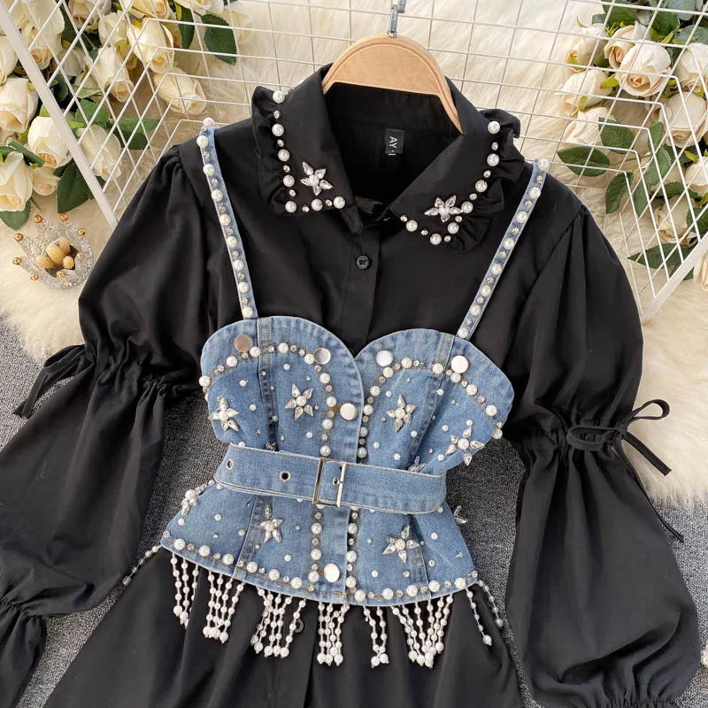 Blusa feminina nova primavera outono com contas de diamantes e manga bufante, top com borlas e pérolas, colete com alça, camisa de duas peças