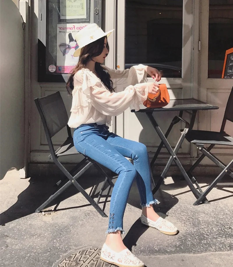 Blusa feminina sexy com decote em V, transparente, estilo boho, de malha, com babados, manga larga, elegante, peplum, com babados, blusa feminina 13459