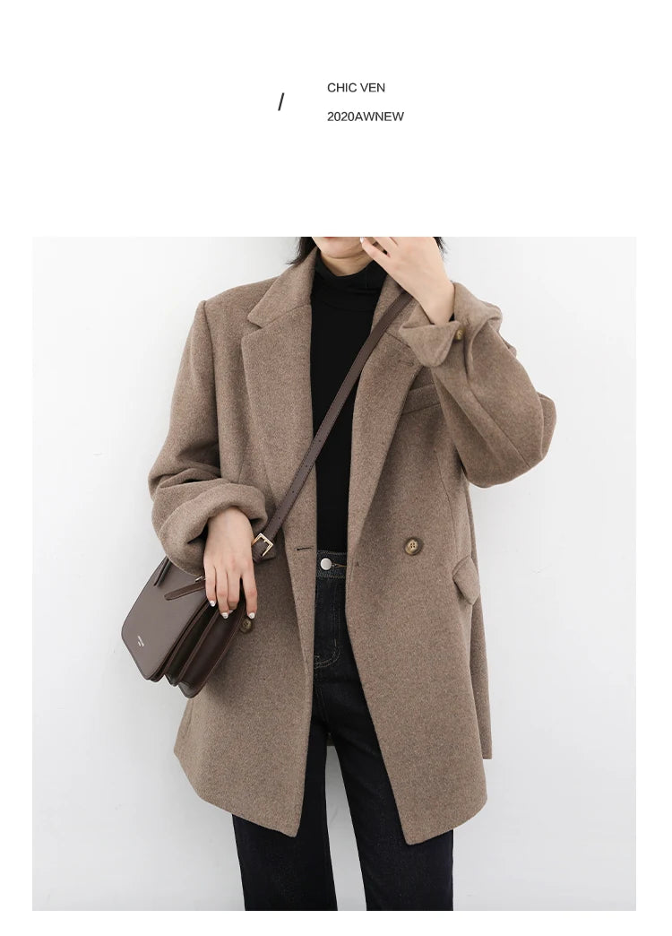 Casaco de lã feminino CHIC VEN, blazer longo de lã, blusa grossa e quente, sobretudo feminino, blusa feminina para escritório, outono e inverno