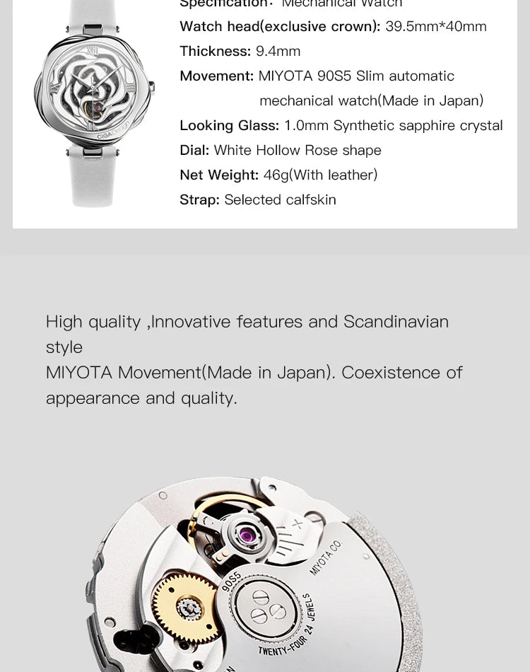 Relógio de pulso mecânico automático CIGA Design para mulheres, relógio de pulso feminino Dinamarca Rose ou relógio de pulso feminino de quartzo japonês, relógio da moda