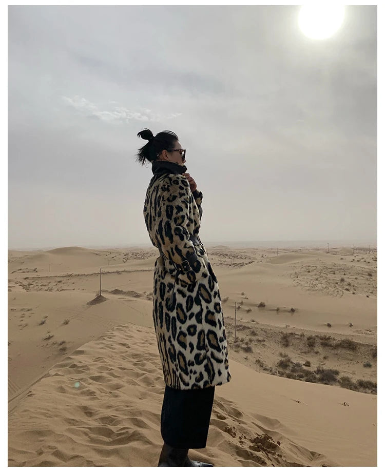 Lautaro Winter Long Leopard Print Warm Fluffy Faux Fur Trench Coat for Women Long Sleeve Double Breasted European Fashion 2021