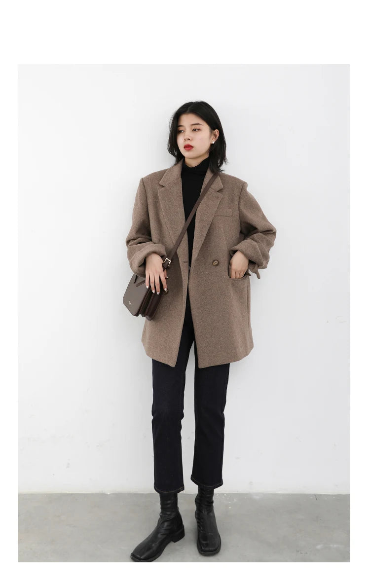 Casaco de lã feminino CHIC VEN, blazer longo de lã, blusa grossa e quente, sobretudo feminino, blusa feminina para escritório, outono e inverno