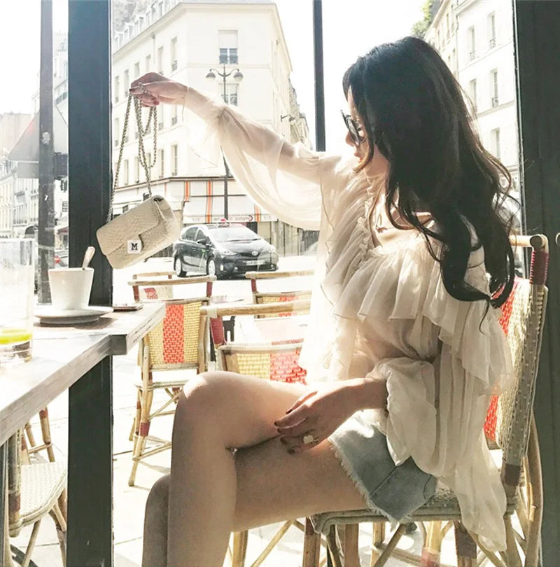 Blusa feminina sexy com decote em V, transparente, estilo boho, de malha, com babados, manga larga, elegante, peplum, com babados, blusa feminina 13459