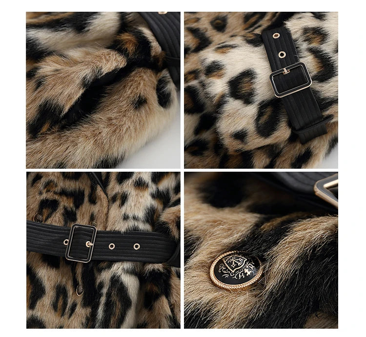 Lautaro Winter Long Leopard Print Warm Fluffy Faux Fur Trench Coat for Women Long Sleeve Double Breasted European Fashion 2021