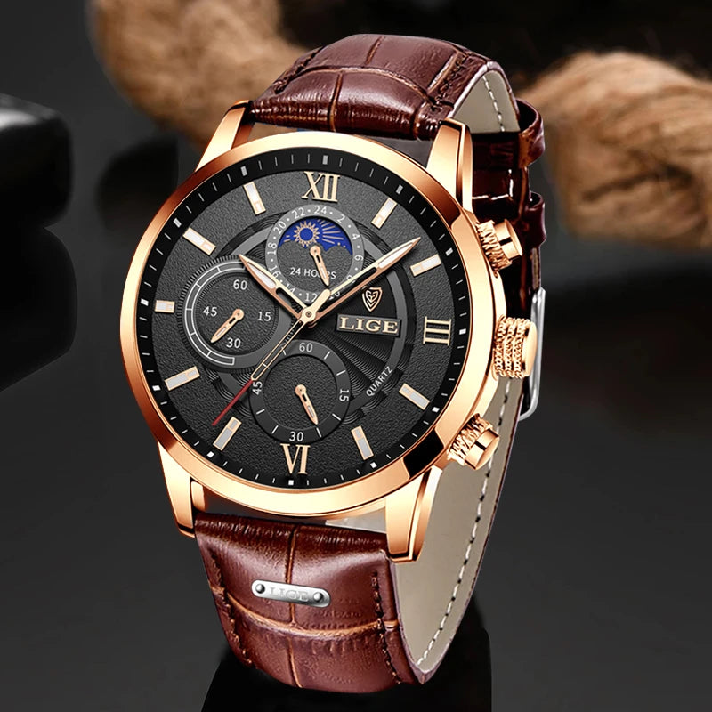 2024 New Mens Watches LIGE Top Brand Luxury Leather Casual Quartz Watch Men's Sport Waterproof Clock Watch Relogio Masculino+Box - CRAVO ROSE