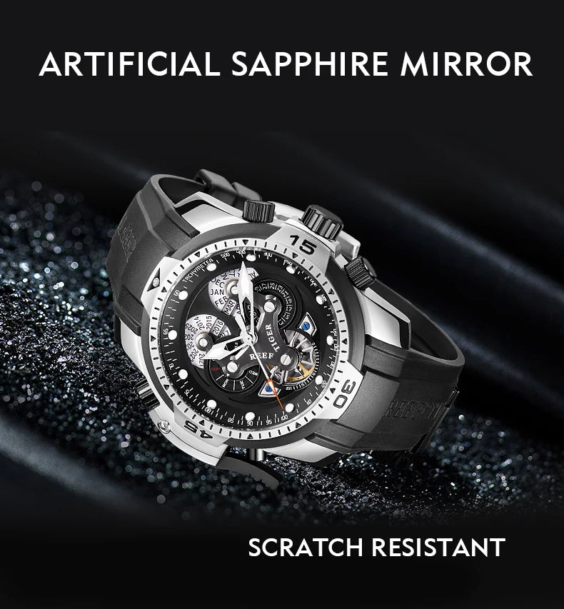 Reef Tiger/RT Luxury Brand Blue Military Watch Men Leather Strap Steel Automatic Watch Waterproof Relogio Masculino RGA3503