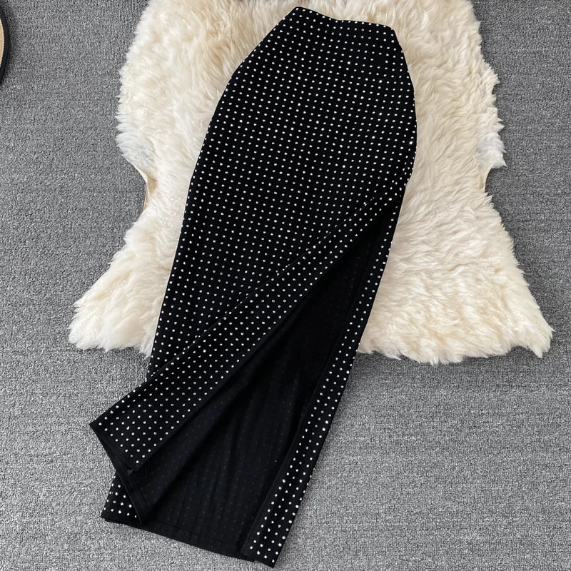 Sexy Black Diamonds 2pcs Set Women Party Sleeveless Short Tops + High Waist Split Skirt Female Two Piece Suits Club Fashion 2021