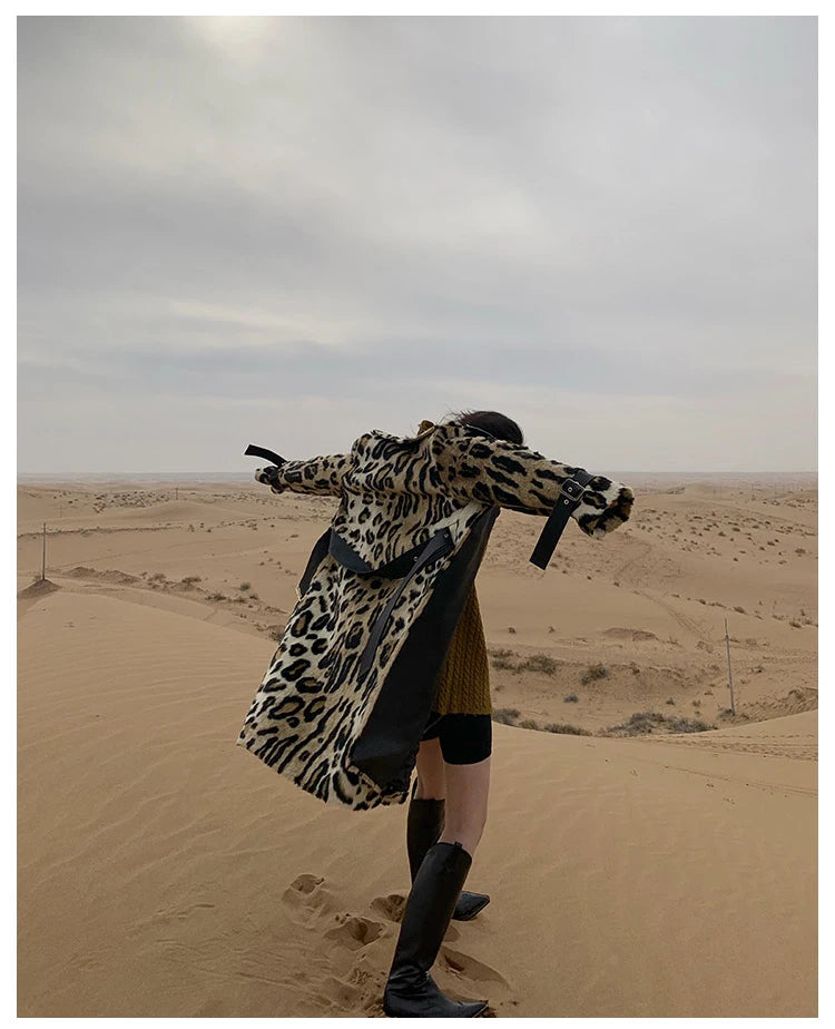 Lautaro Winter Long Leopard Print Warm Fluffy Faux Fur Trench Coat for Women Long Sleeve Double Breasted European Fashion 2021