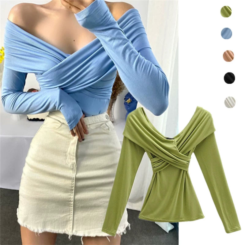 Fashion Style Silm Stylish off-the-Shoulder Cross V-neck Long Sleeves T-shirt Sexy Skinny Slimming Stretch Tops Ins Fashion