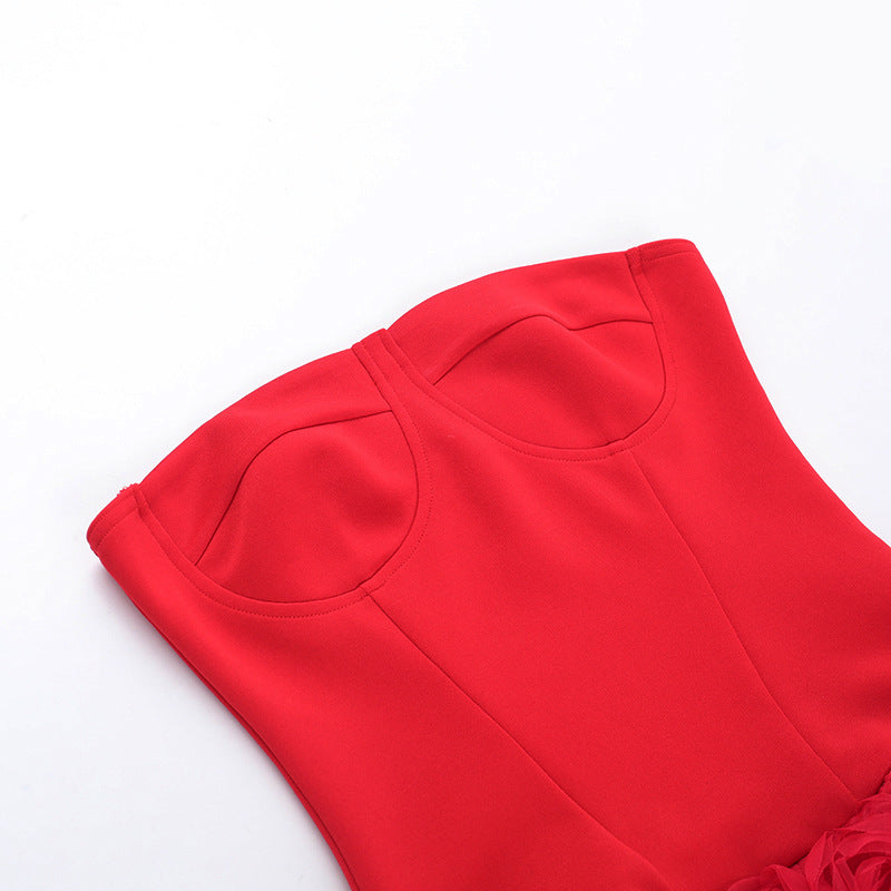 Vestido tubinho com textura floral 3D Gtpdpllt, lindo vestido vermelho sem alças, costas nuas, corpete, minivestido para mulheres, trajes de festa sensuais