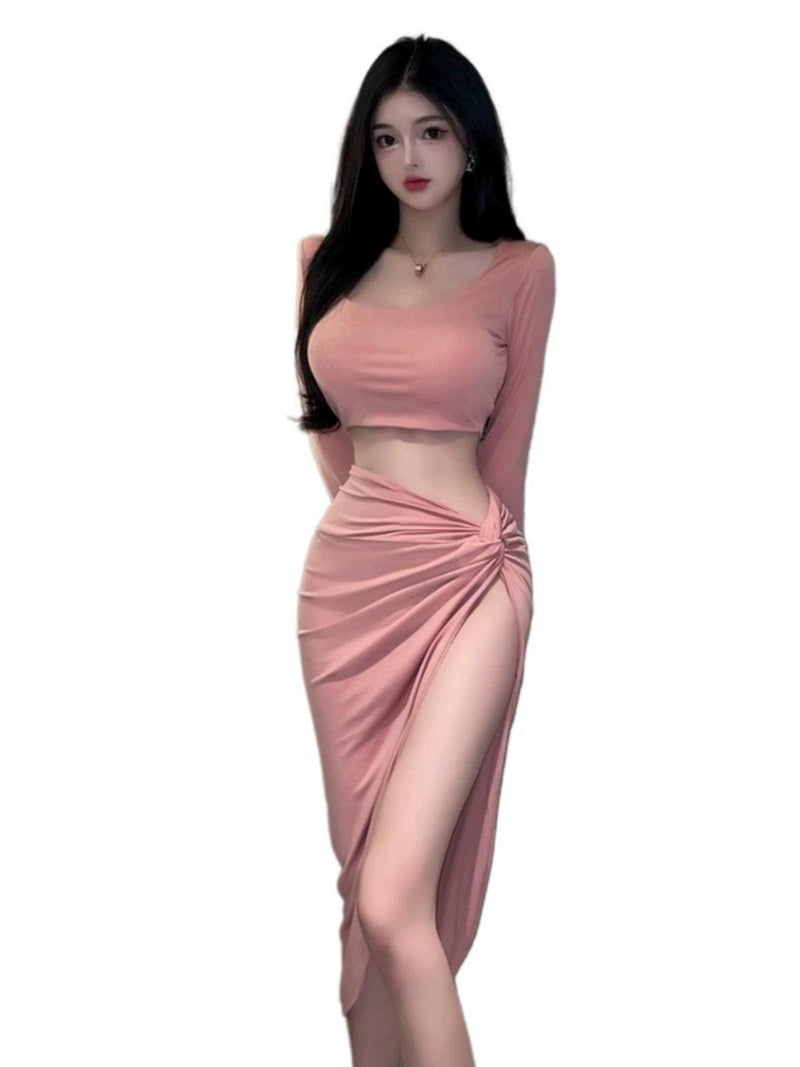 Gegejia Spring New Arrival European and American Sexy off-the-Shoulder off-Shoulder Top + High Waist Slit Skirt Two-piece Set Women