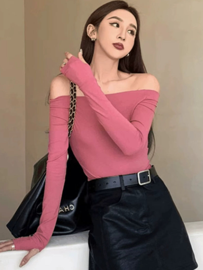 French Clavicle Long Sleeves T-Shirt Female Autumn Sexy Fancy Oblique Shoulder Black off-Shoulder Tops Inner Bottoming Shirt