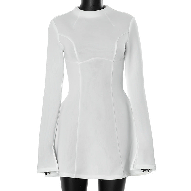 BKQU Elegant Solid Backless Mini Dress Women High Waist Fashion Long Sleeve Slim A-line Dresses 2024 Autumn Party Evening Dress