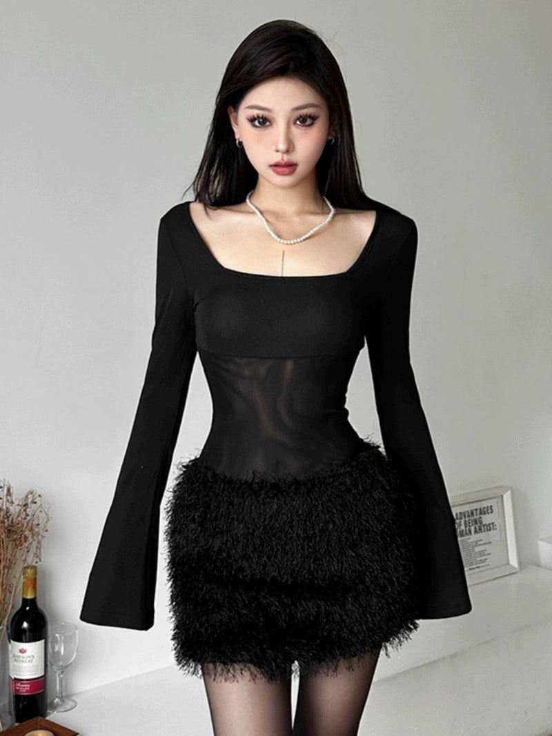 Weird Puss Sweet Cool Sexy Black Square Collar Slim Looking Waist-Tight Dress Fur Slimming Patchwork Slim Looking Bodycon Dress