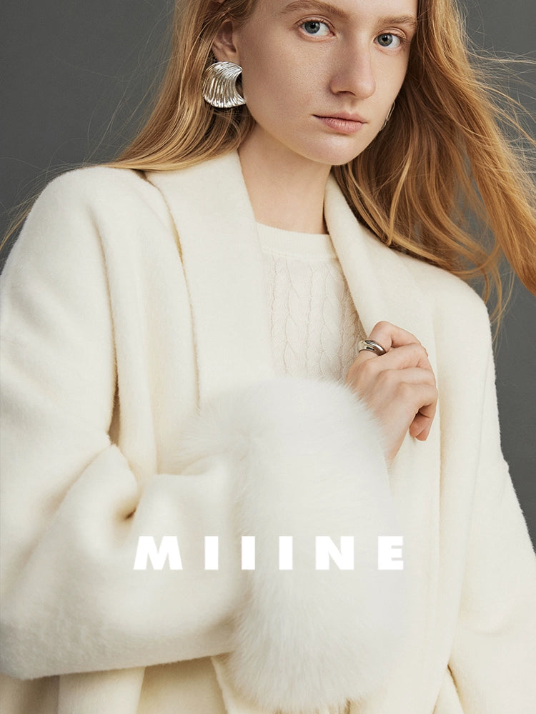 Miiine [Hua Ya] Elegante Casaco Curto de Pele de Raposa Dourada Alpaca Reversível de Lã para Exterior Feminino