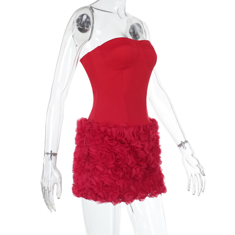 Vestido tubinho com textura floral 3D Gtpdpllt, lindo vestido vermelho sem alças, costas nuas, corpete, minivestido para mulheres, trajes de festa sensuais