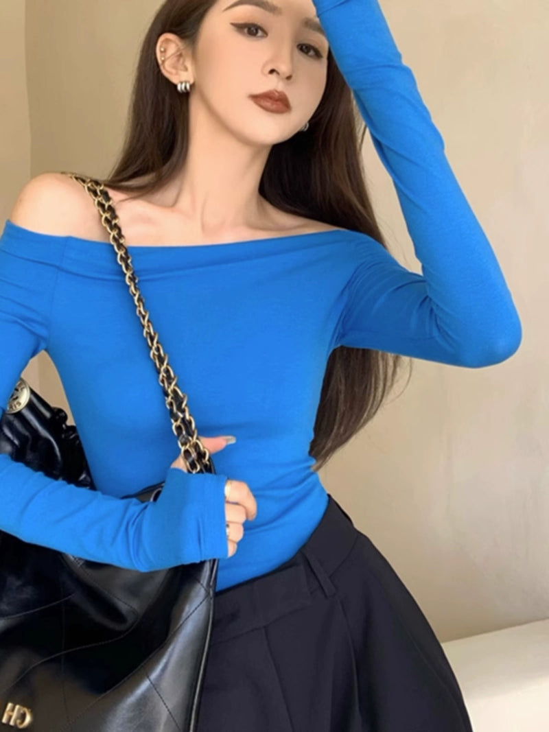 French Clavicle Long Sleeves T-Shirt Female Autumn Sexy Fancy Oblique Shoulder Black off-Shoulder Tops Inner Bottoming Shirt