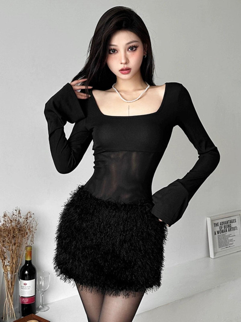 Weird Puss Sweet Cool Sexy Black Square Collar Slim Looking Waist-Tight Dress Fur Slimming Patchwork Slim Looking Bodycon Dress