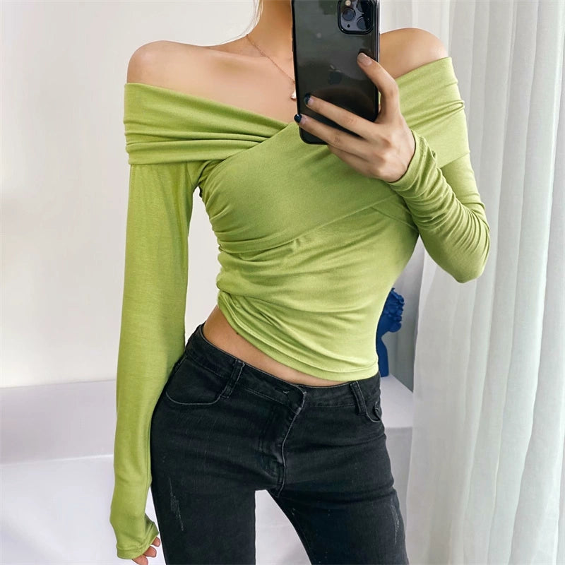 Fashion Style Silm Stylish off-the-Shoulder Cross V-neck Long Sleeves T-shirt Sexy Skinny Slimming Stretch Tops Ins Fashion