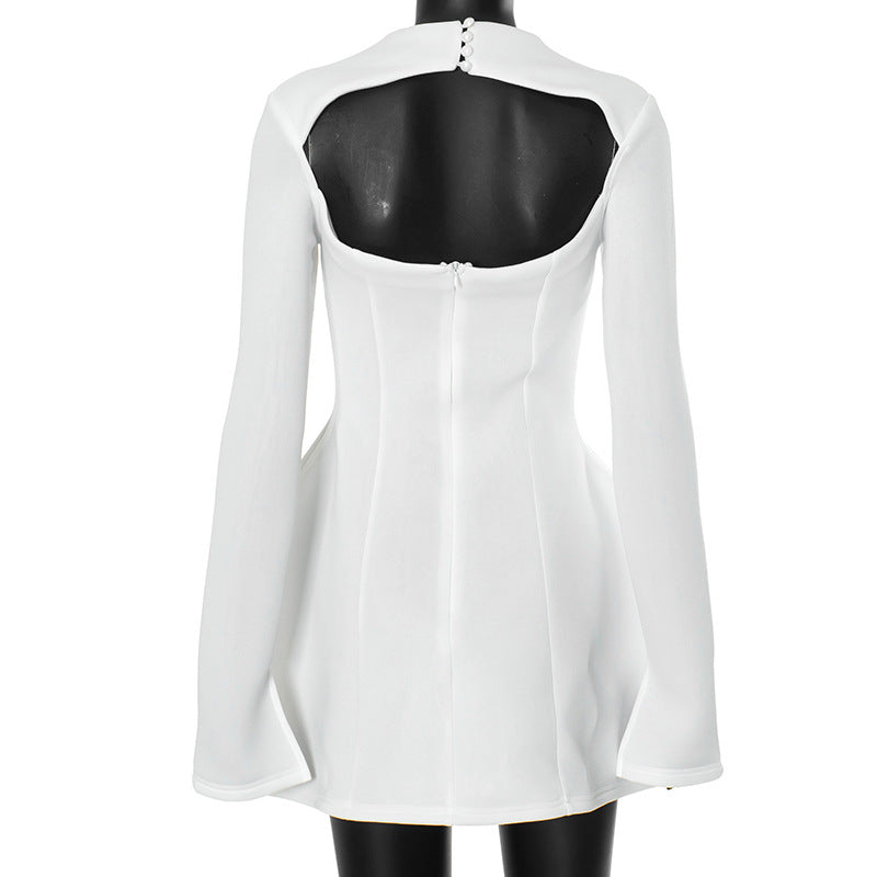BKQU Elegant Solid Backless Mini Dress Women High Waist Fashion Long Sleeve Slim A-line Dresses 2024 Autumn Party Evening Dress