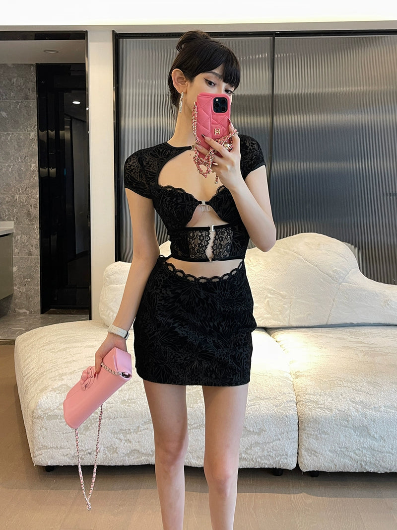 Flocking Lace Sexy Hollow Dress