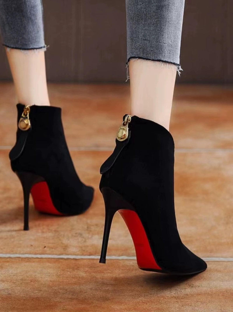 Pointed Toe Stiletto Heel Ankle Boots for Women 2023 Fall and Winter New Arrival European and American plus Velvet High Heels All-Matching Suede Slim Looking Boots