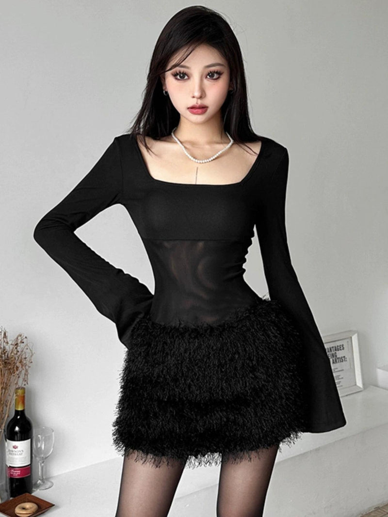 Weird Puss Sweet Cool Sexy Black Square Collar Slim Looking Waist-Tight Dress Fur Slimming Patchwork Slim Looking Bodycon Dress