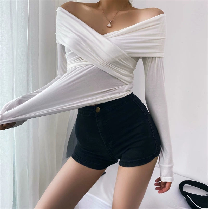 Fashion Style Silm Stylish off-the-Shoulder Cross V-neck Long Sleeves T-shirt Sexy Skinny Slimming Stretch Tops Ins Fashion