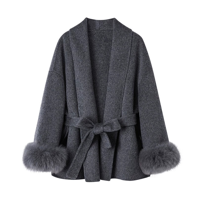Miiine [Hua Ya] Elegante Casaco Curto de Pele de Raposa Dourada Alpaca Reversível de Lã para Exterior Feminino