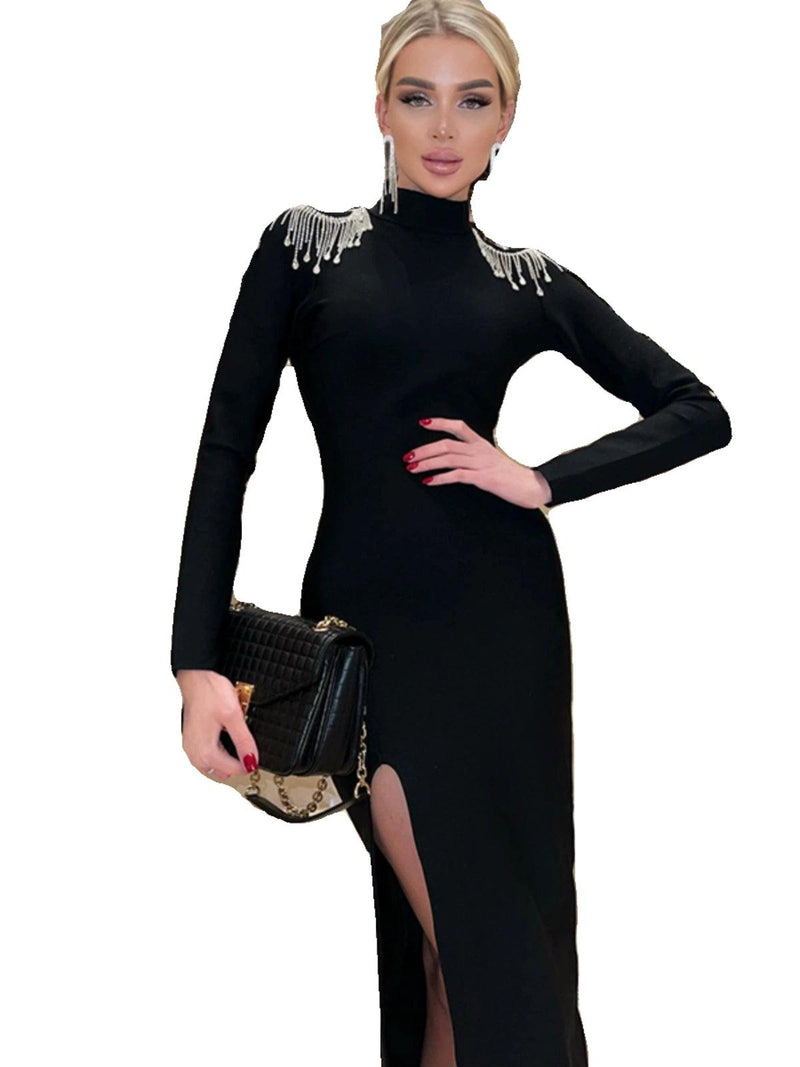 Ahagaga Rhinestone Tassels Slim-Fit Dress Dress