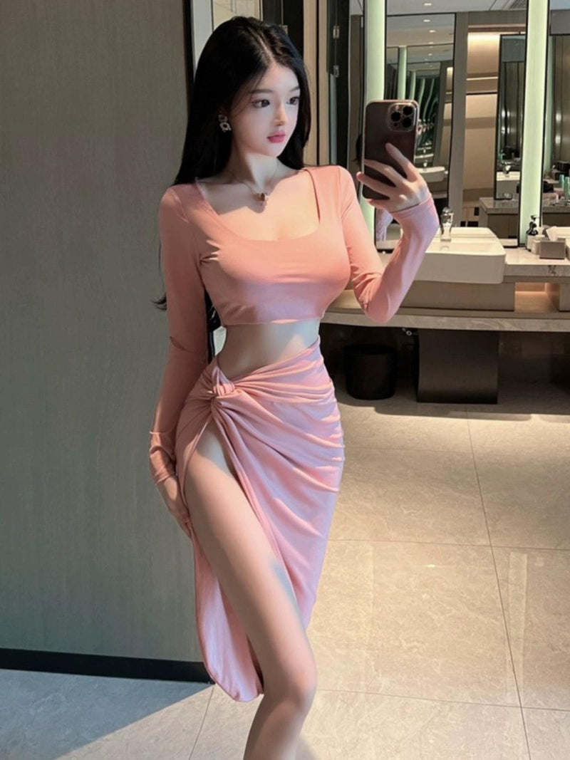 Gegejia Spring New Arrival European and American Sexy off-the-Shoulder off-Shoulder Top + High Waist Slit Skirt Two-piece Set Women