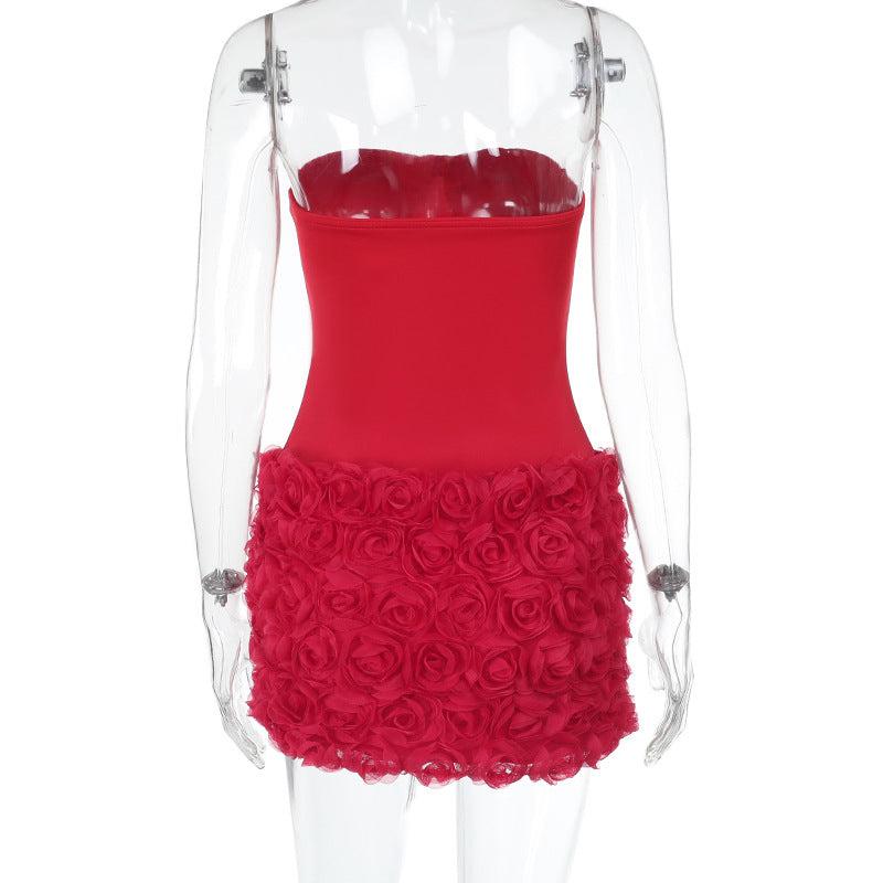 Vestido tubinho com textura floral 3D Gtpdpllt, lindo vestido vermelho sem alças, costas nuas, corpete, minivestido para mulheres, trajes de festa sensuais