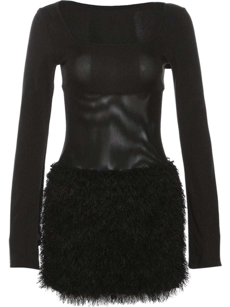 Weird Puss Sweet Cool Sexy Black Square Collar Slim Looking Waist-Tight Dress Fur Slimming Patchwork Slim Looking Bodycon Dress