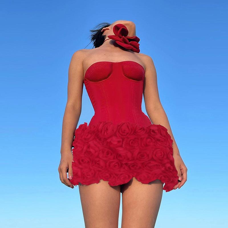 Vestido tubinho com textura floral 3D Gtpdpllt, lindo vestido vermelho sem alças, costas nuas, corpete, minivestido para mulheres, trajes de festa sensuais