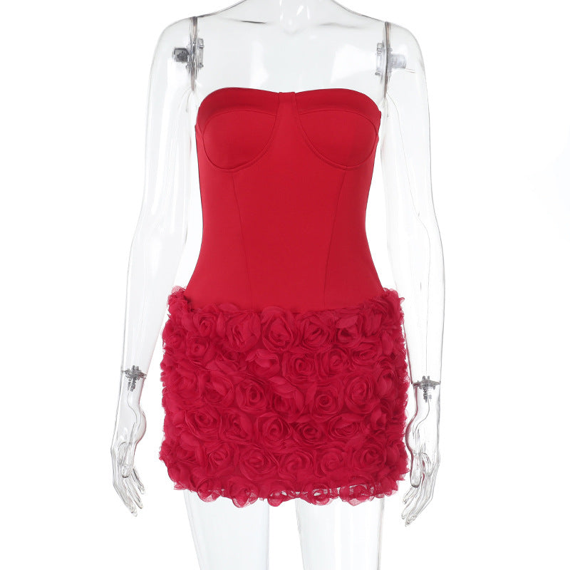 Vestido tubinho com textura floral 3D Gtpdpllt, lindo vestido vermelho sem alças, costas nuas, corpete, minivestido para mulheres, trajes de festa sensuais