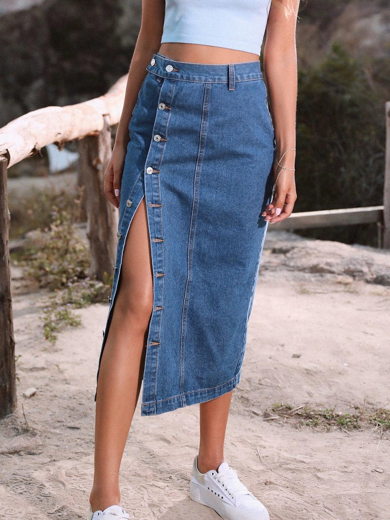 Spring & Fall Irregular Slit Denim High Waist Long Skirt