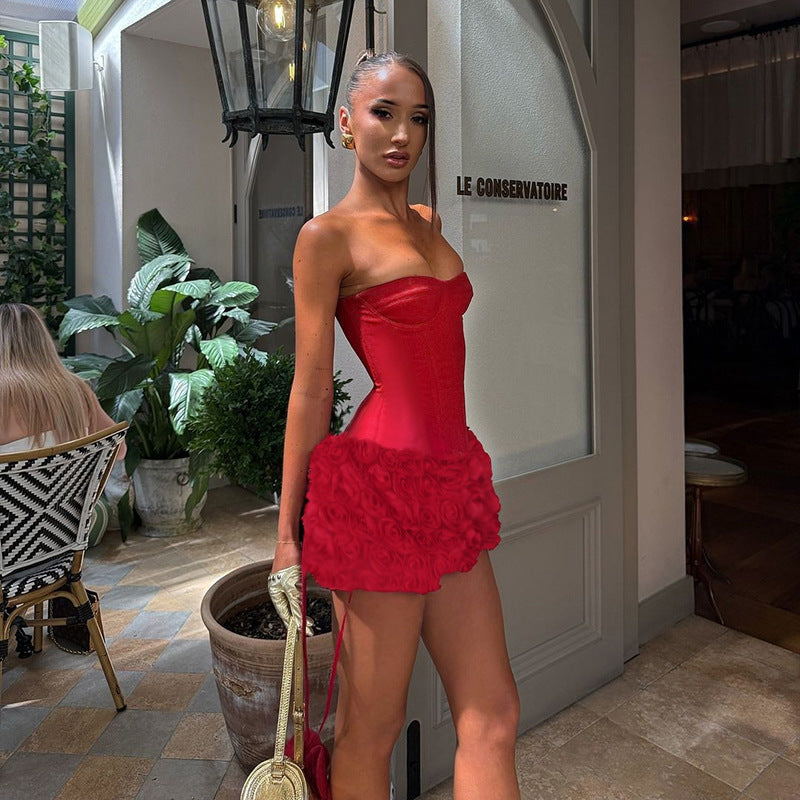 Vestido tubinho com textura floral 3D Gtpdpllt, lindo vestido vermelho sem alças, costas nuas, corpete, minivestido para mulheres, trajes de festa sensuais