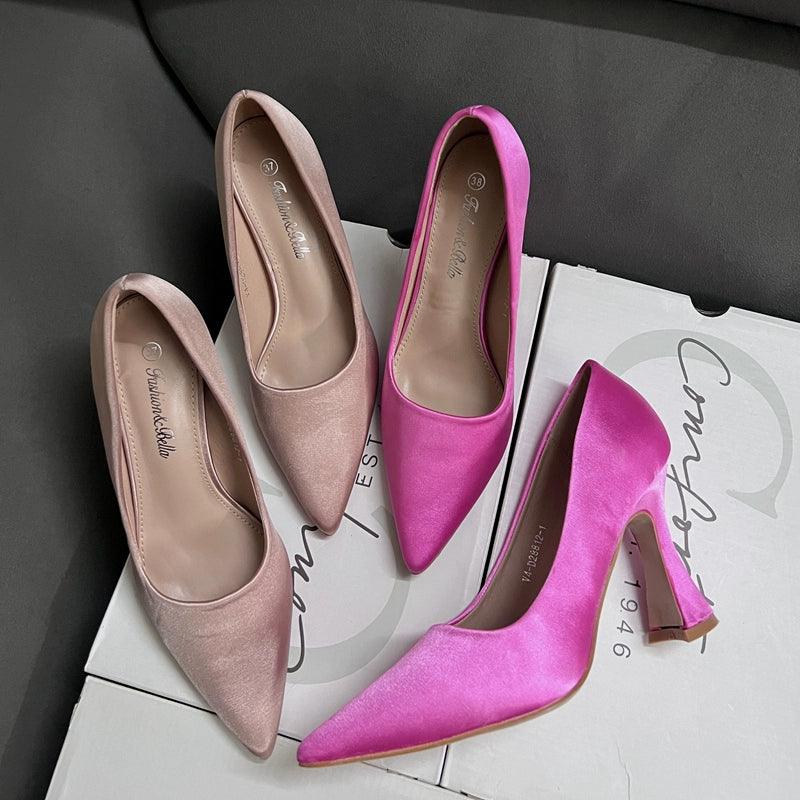 Fashion Low-Cut Chunky Heel Banquet Women's Shoes Satin Surface