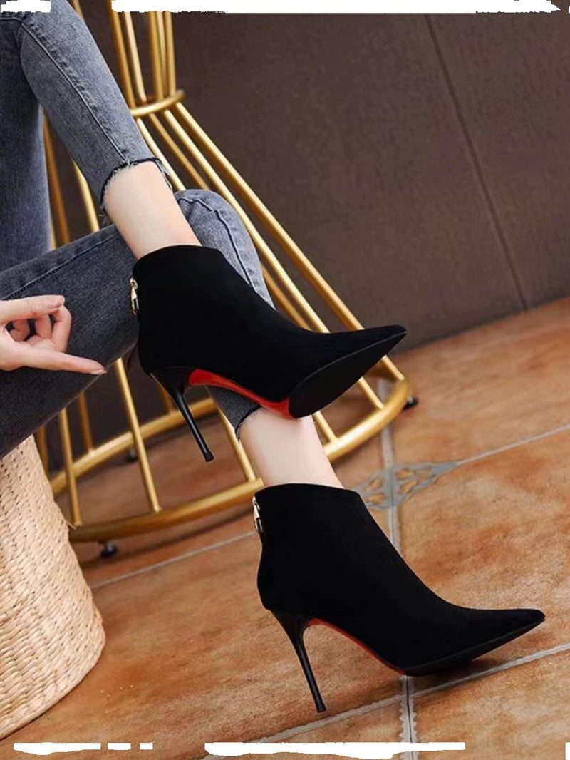 Pointed Toe Stiletto Heel Ankle Boots for Women 2023 Fall and Winter New Arrival European and American plus Velvet High Heels All-Matching Suede Slim Looking Boots