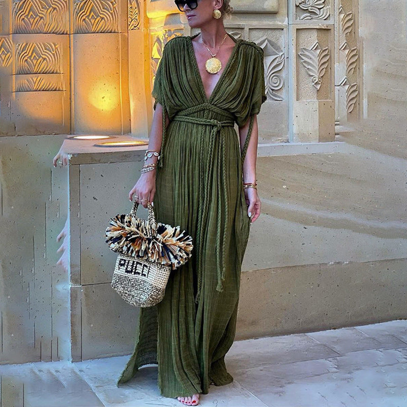 Green Bohemia Holiday Dress Women Elegant Solid Casual Loose Long Dresses Summer Sexy 2 Side Split Backless Beach Dress 2024