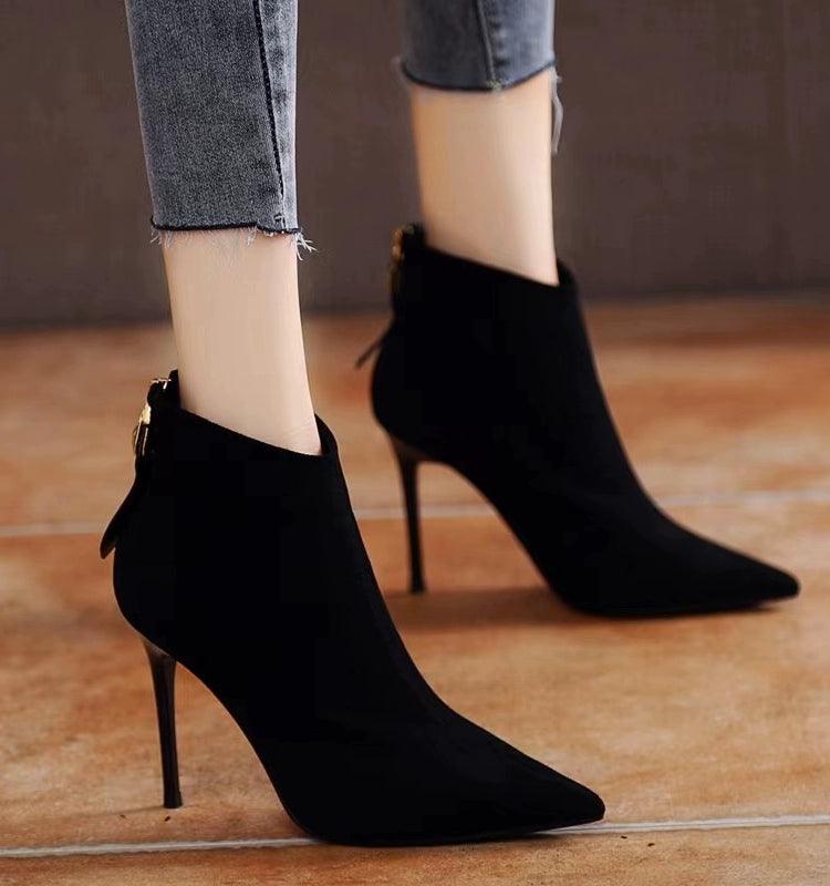 Pointed Toe Stiletto Heel Ankle Boots for Women 2023 Fall and Winter New Arrival European and American plus Velvet High Heels All-Matching Suede Slim Looking Boots