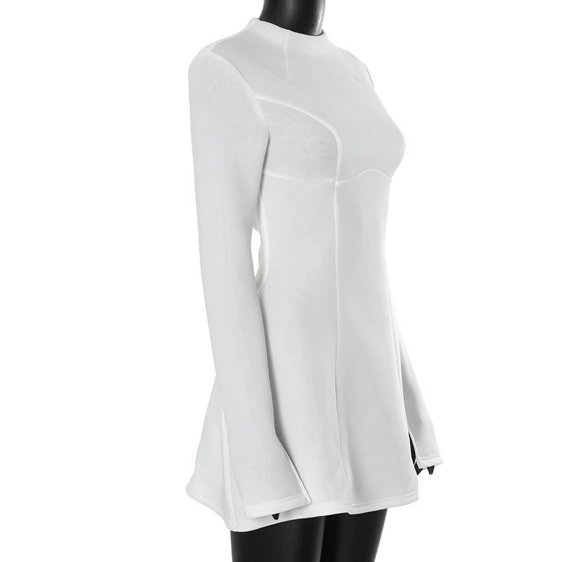BKQU Elegant Solid Backless Mini Dress Women High Waist Fashion Long Sleeve Slim A-line Dresses 2024 Autumn Party Evening Dress