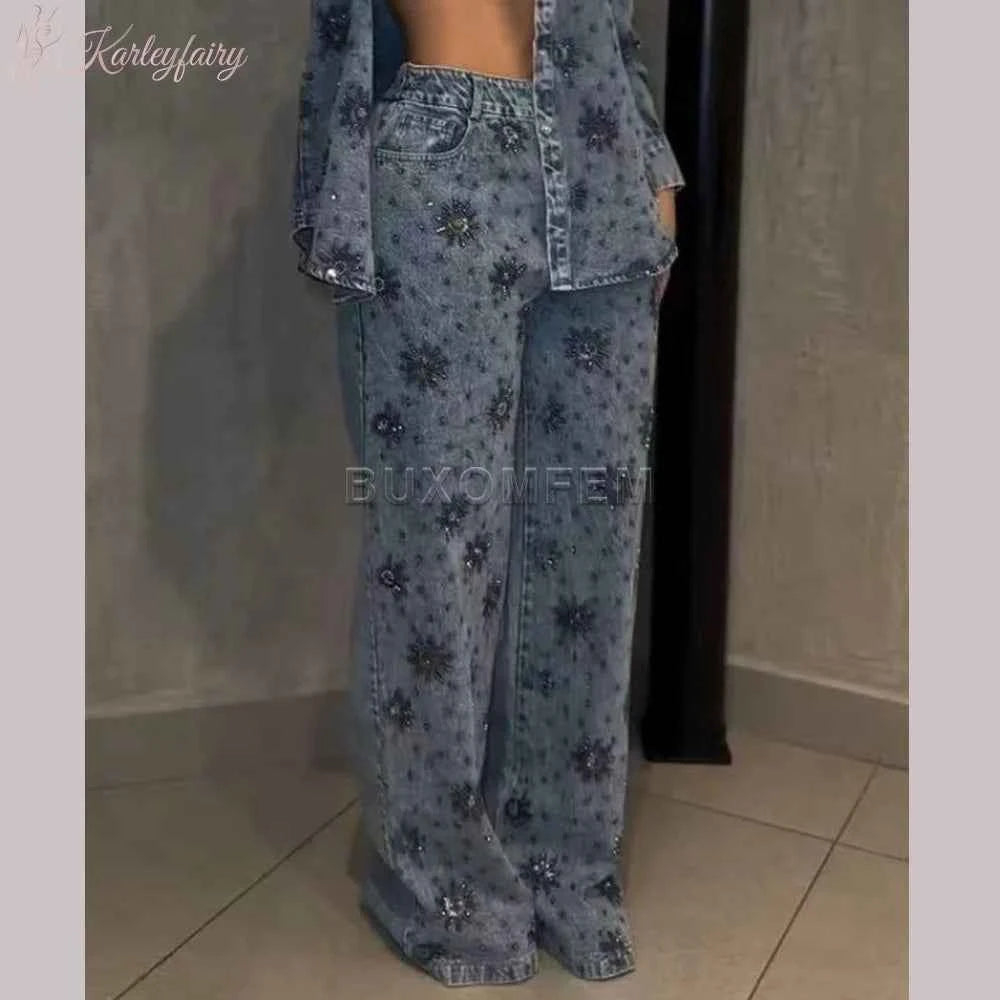 Ladies' Flower Bead Sparkling Straight Leg Jeans Drilled Wide Leg Jeans Outfit Stylish Loose Trousers Ladies Long Pants Bottoms