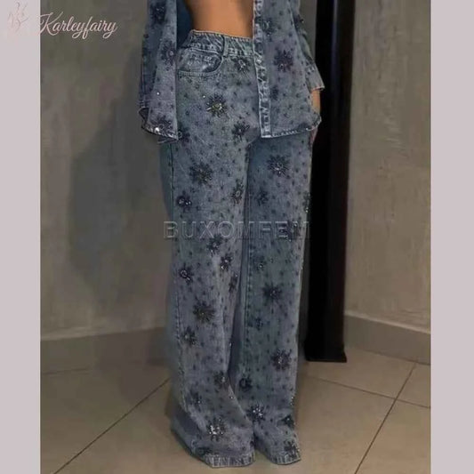 Ladies' Flower Bead Sparkling Straight Leg Jeans Drilled Wide Leg Jeans Outfit Stylish Loose Trousers Ladies Long Pants Bottoms