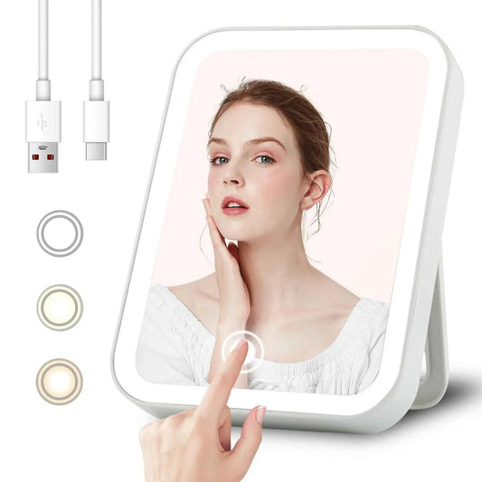Espelho de Beleza com Lupa e Luz LED, 3 Painéis, Iluminação Ajustável, Base Antiderrapante para Bolsa e Viagem