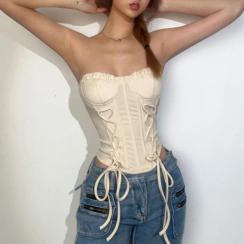 Harajuku Kawaii Vintage Cami Vest Hot Girl Crop Top White Lace Frill Zipper High Waist Bandage Slim Fit Corset Y2K Top Women - CRAVO ROSE