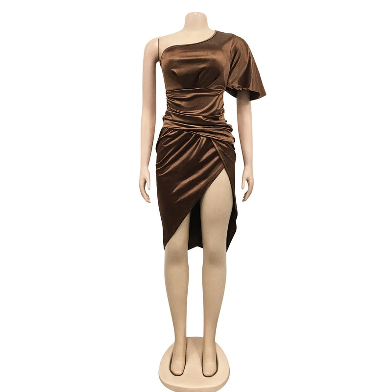 Clothing 2022 Summer Solid High Split One Shoulder Elegant Midi Dress For Woman Birthday Nightclub Party Club Dresses Vestidos