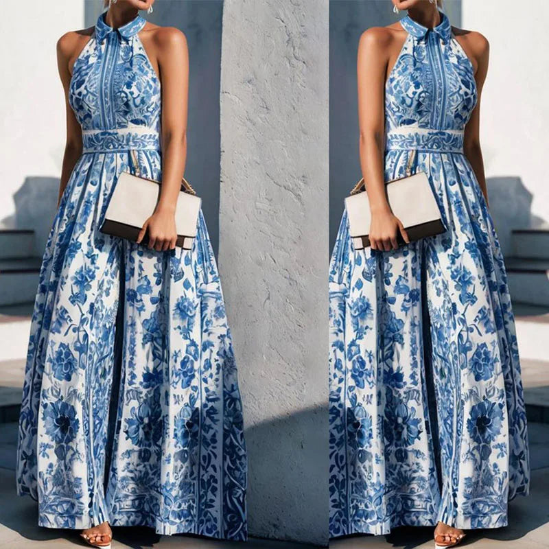 Vestidos boêmios femininos com estampa floral vintage, elegante, gola polo, sexy, maxi vestido de verão, sem mangas, solto, linha A, vestido longo