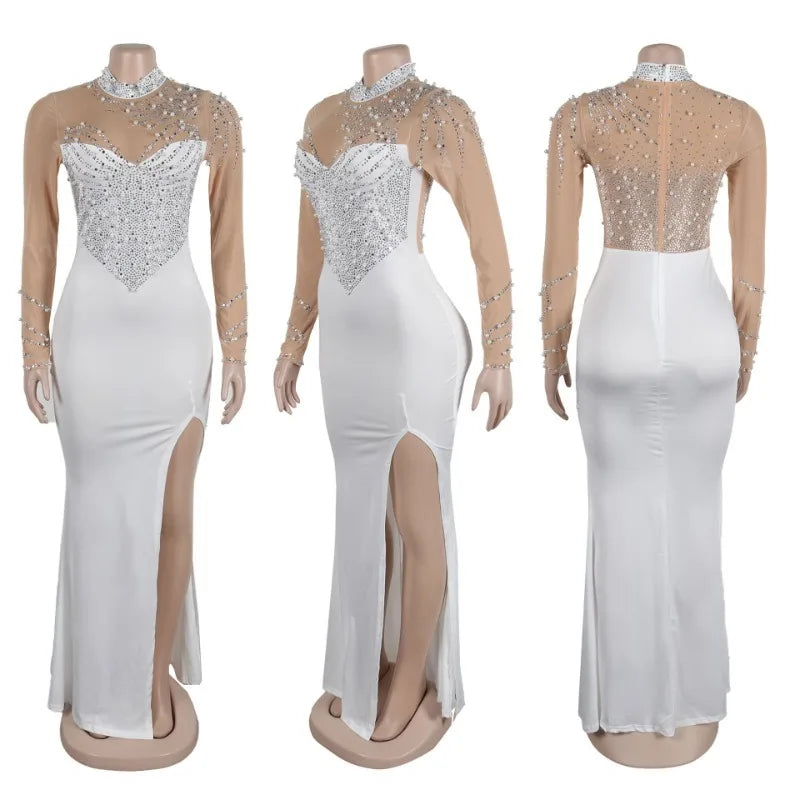 Diamonds Rhinestone Mermaid Evening Dresses Woman Elegant Luxury Wedding Mesh See Through Patchwork Prom Formal Long Dress Night